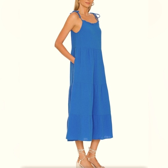 RAILS Valeria Midi Dress Palace Blue Soft Cotton Gauze Pockets Tie Shoulder S - Picture 2 of 9